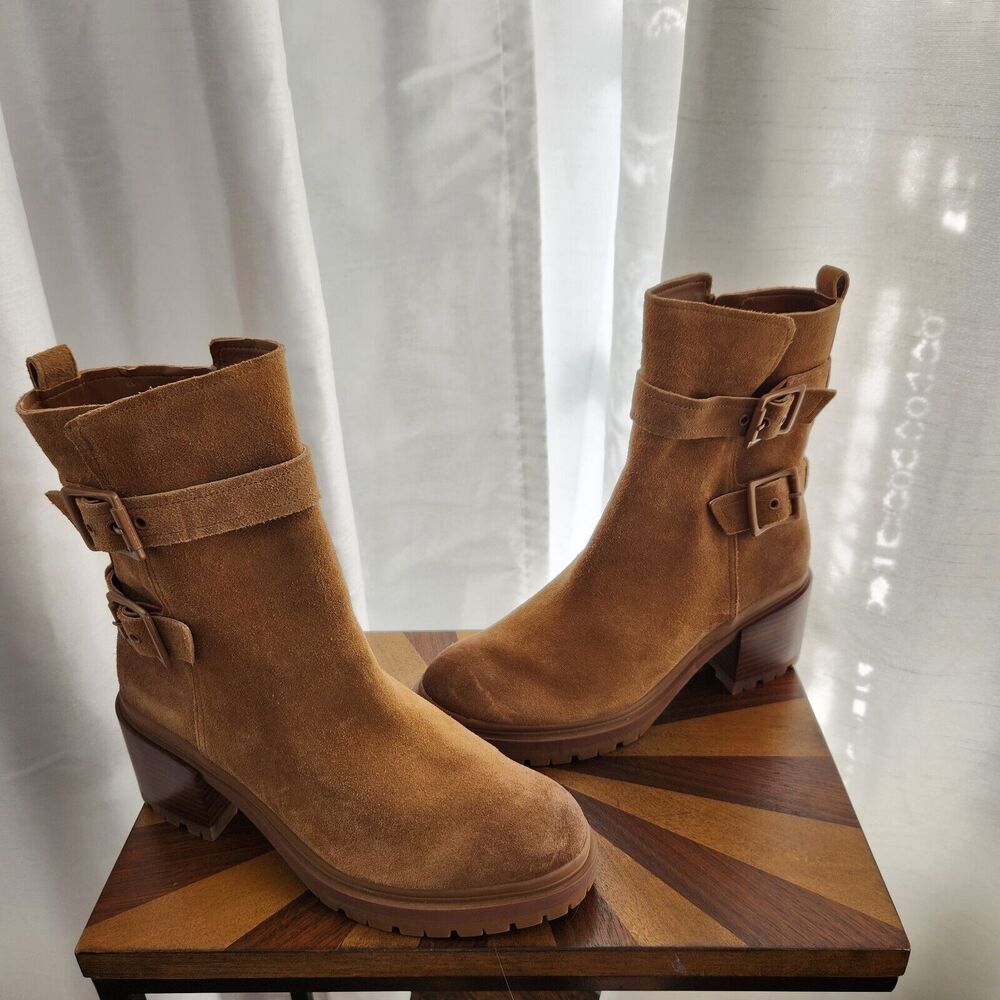 Naturalizer Trina Moto Boots Womens US 9 Brown Tan Suede Double Buckle Fall Boot